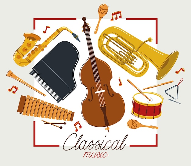 Vector classical music instruments poster vector flat style illustration classic orchestra acoustic flyer or banner concert or festival live sound diversity of musical tools