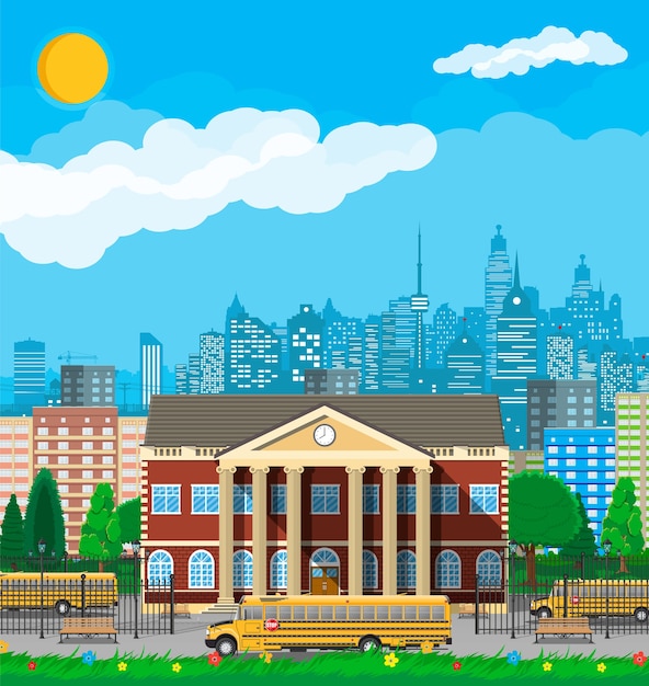 Classical school building and cityscape. brick facade with clocks. public educational institution and bus. college or university organization.