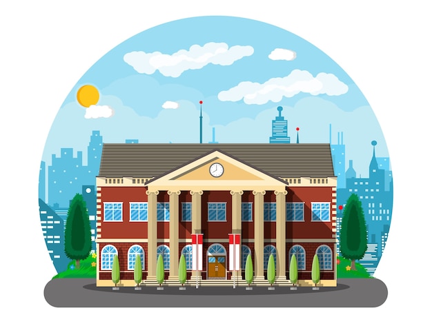 Classical school building and cityscape. brick facade with clocks. public educational institution. college or university organization. tree, clouds, sun.