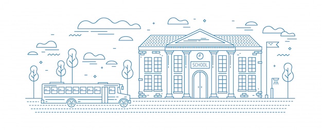 Classical school building with columns and bus for kids or pupil driving on road drawn with contour lines on white