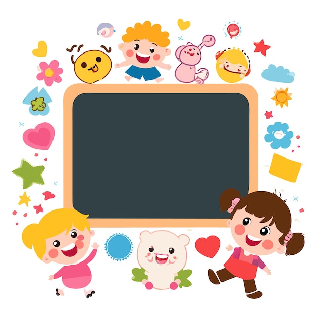 Vector classroom board back to school pre school children hand drawn flat stylish mascot cartoon character