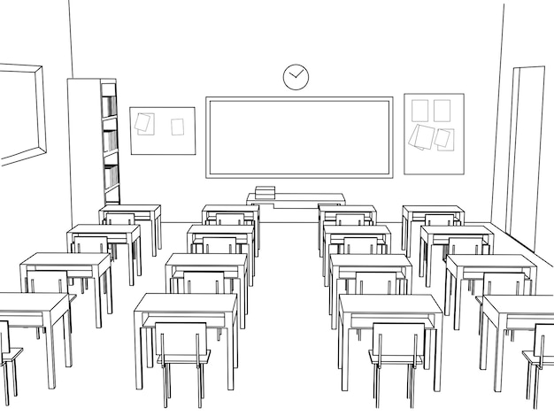 Aula, aula scolastica vuota, illustrazione degli interni con rendering 3d, design del ritorno a scuola