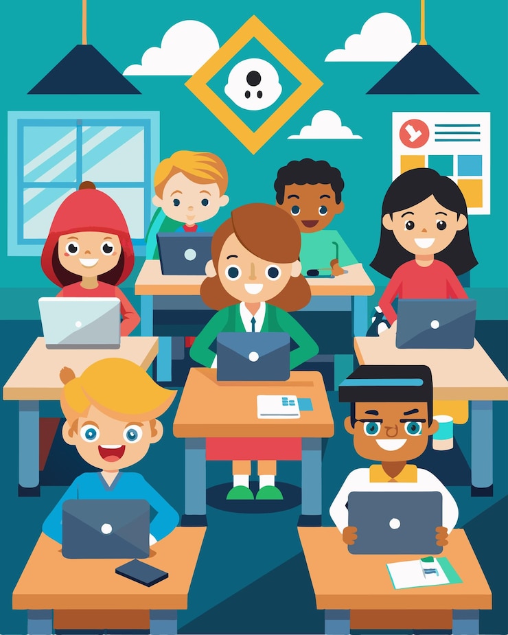 Vector a classroom full of elementary students participating in an interactive game where they have to spot