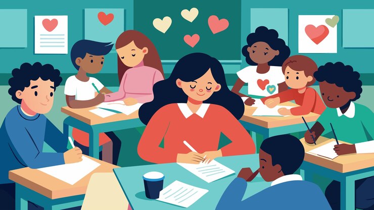 Vector a classroom full of students sitting quietly focused on writing heartfelt letters to their teachers