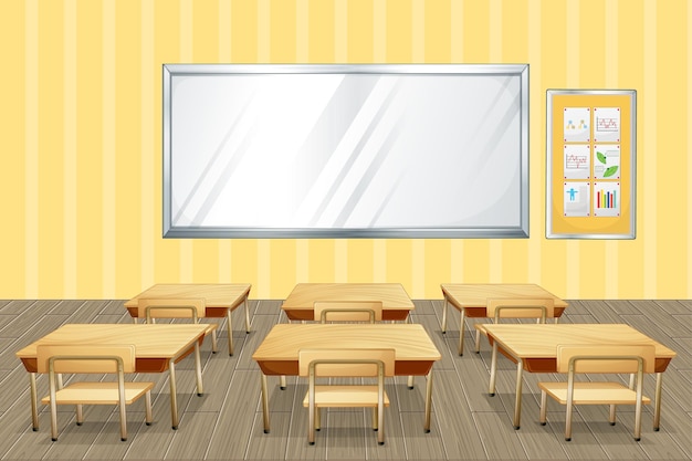 Vector classroom interior design with furniture and decoration