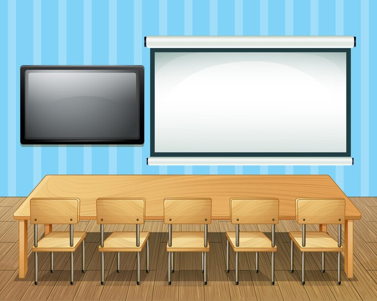 Vector classroom interior design with furniture and decoration