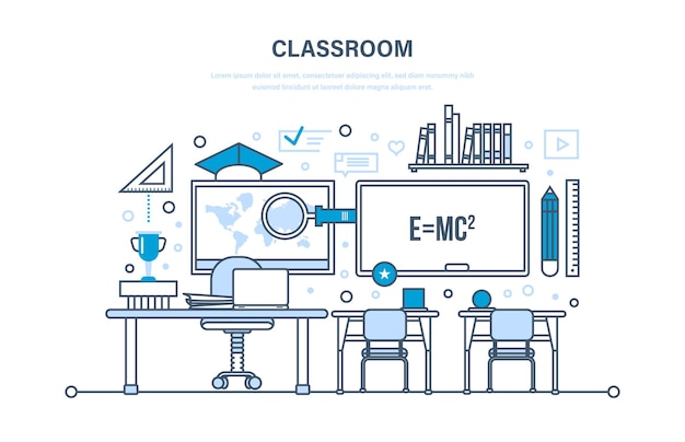 Classroom interior of room education training learning workplace knowledge teaching