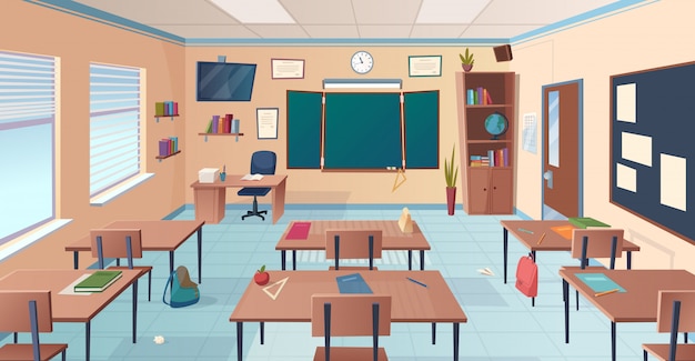ベクトル 教室のインテリア。レッスン漫画イラストのデスク黒板教師アイテムと学校や大学の部屋