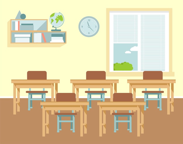 Classroom Interior with School Desks in School in Flat Style