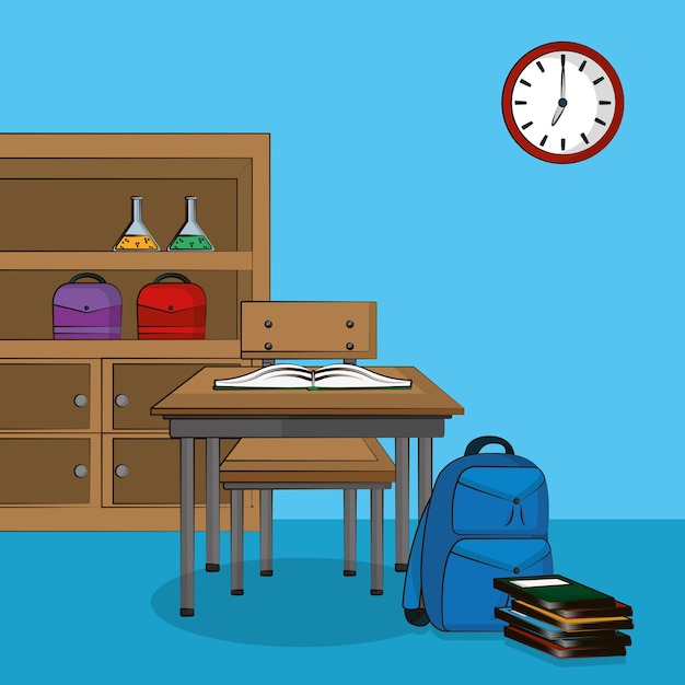 Classroom interior with supplies cartoon scenery vector illustration graphic design