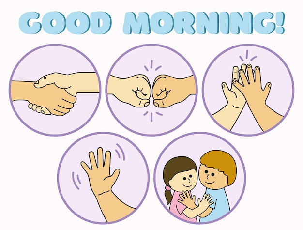 Vector classroom morning greetings hug hand shake first bump wave high five