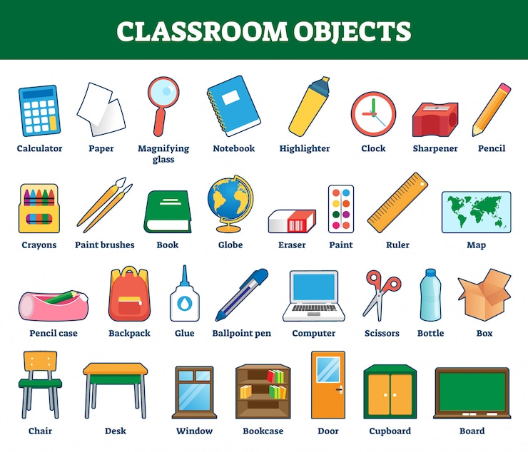 Classroom objects  illustration. Labeled collection for kids learning