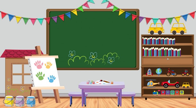 Vector classroom scene with board and bookshelf
