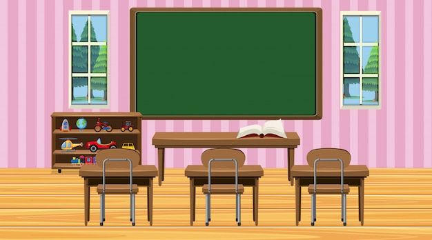 Vector classroom scene with chalkboard and desks