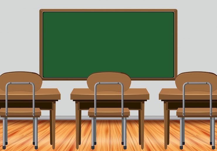 Vector classroom scene with desks and blackboard