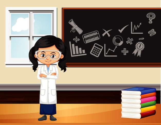 Classroom scene with science student by the board