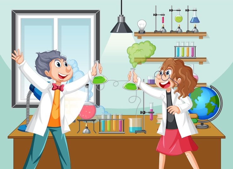 Vector classroom scene with scientist doing experiment