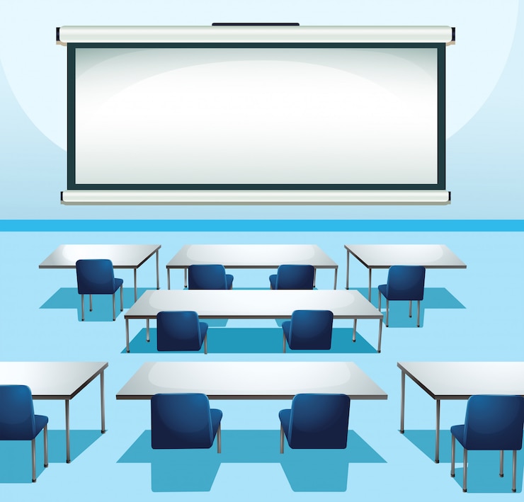 Vector classroom scene with screenboard and chairs