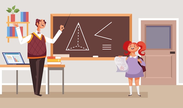 classroom teacher in classroom near blackboard education concept graphic design illustration