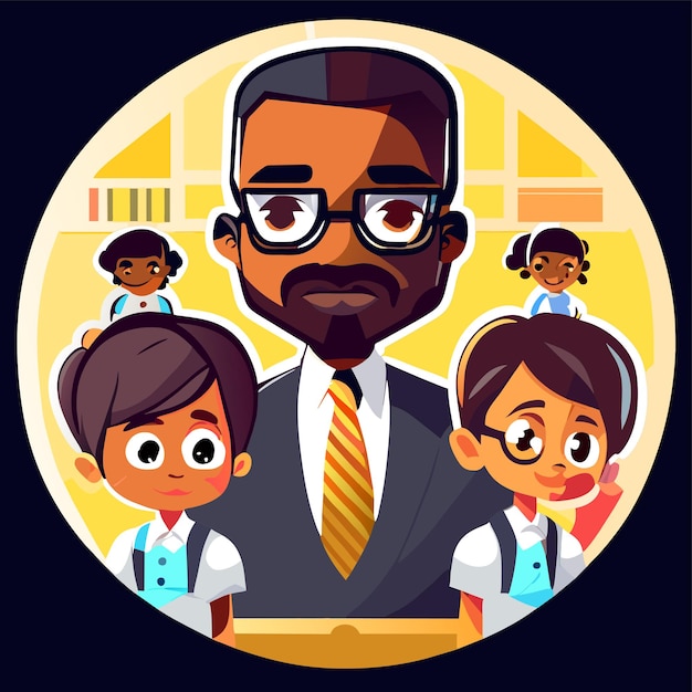 Vector classroom teacher and cute students hand drawn flat stylish cartoon sticker icon concept isolated