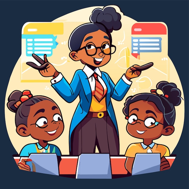 Vector classroom teacher and cute students hand drawn flat stylish cartoon sticker icon concept isolated