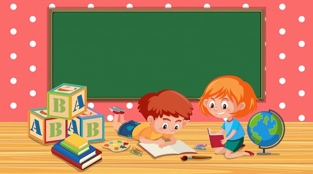 Classroom with boy and girl reading book