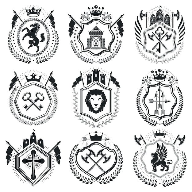 Classy emblems, vector heraldic Coat of Arms. Vintage design elements collection.