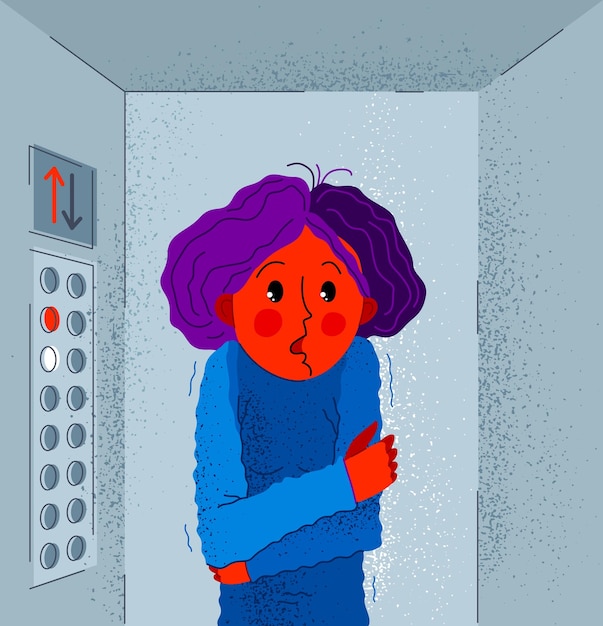 폐쇄공포증은 폐쇄된 공간에 대한 두려움과 탈출 벡터 삽화가 없으며, 소녀는 엘리베이터에 갇혀 있고 공황 발작을 두려워합니다.