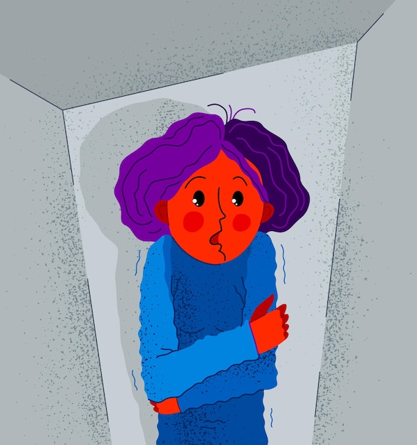 벡터 폐쇄공포증은 폐쇄된 공간에 대한 두려움과 탈출 벡터 삽화가 없는 것으로, 소녀는 작은 방 공간에 갇혀 있고 공황 발작을 두려워합니다.