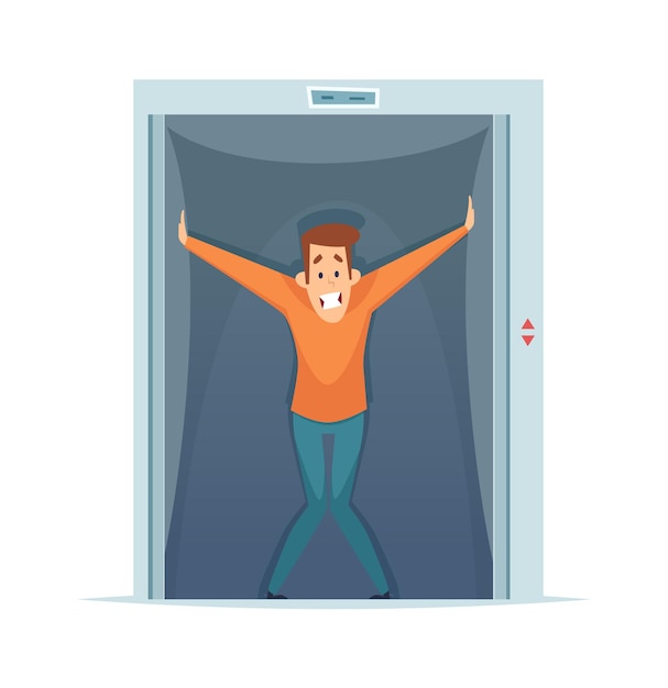 Claustrophobia. frightened man in elevator, fear of confined space. mental phobia vector illustration. claustrophobia fear, space small elevator