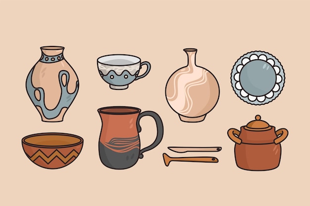 Vector clay kitchenware and tableware concept