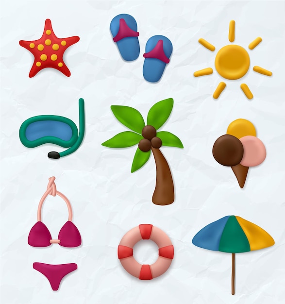 Clay sculpt. Kids education artwork realistic summer objects soft modeling fishes sunglasses marine symbols palm tree decent vector illustrations pictures set. Clay modeling, handmade sun and palm