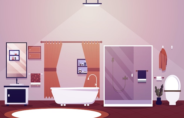 Clean bathroom interior design shower bathtub furniture flat illustration