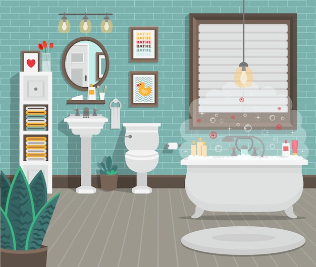 Vector clean bathroom with toilet sink bath and accessories in a modern style. flat vector illustration.