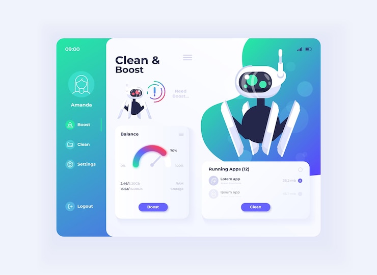 Vector clean and boost tablet interface vector template. mobile app page day mode design layout. device management screen. flat ui for application. memory optimization portable device display