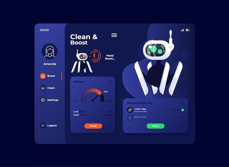 Vector clean and boost tablet interface vector template. mobile app page night mode design layout. gadget memory optimization screen. flat ui for application. productivity increase portable device display