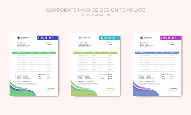 3 つのカラー テーマ ベクトル テンプレートを備えたクリーン ビジネス請求書フォーム テンプレート