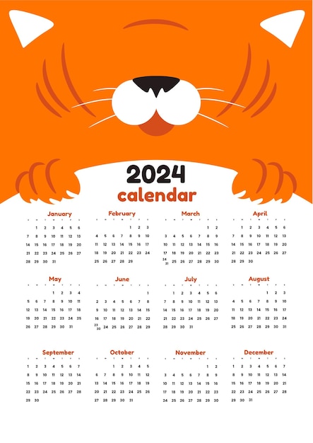 Vettore modello di calendario pulito 2024 illustrazione di tigre felice