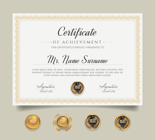 Vector clean certificate frame template with golden badges