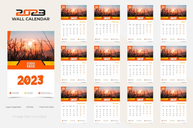 Modello di progettazione calendario da parete per il nuovo anno 2023 pulito e colorato