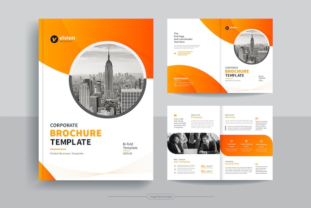 Clean corporate bi fold business brochure design template with abstract vector shapes