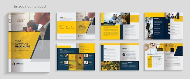 노란색과 어두운 액센트가 있는 깔끔한 기업 브로셔 12페이지 디자인
