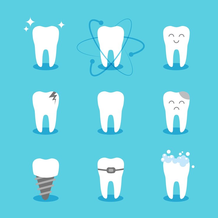 Clean and dirty tooth Flat style dental health concept Set of cartoon teeth Oral hygiene