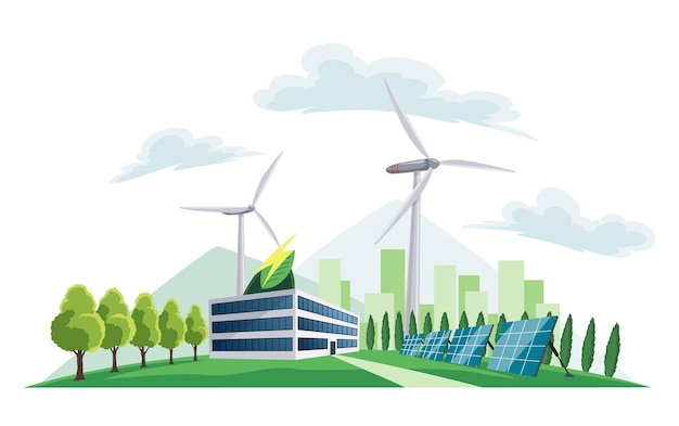 Clean electric energy concept Renewable electricity resource from solar panels and wind turbines Ecological change of the future City skyline and nature landscape on background