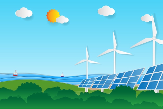 Vector clean electric energy from renewable sources sun and wind.
