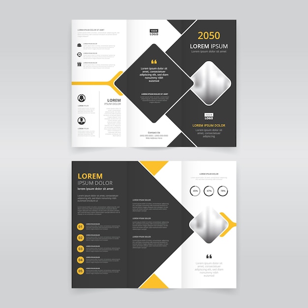 Clean and elegant trifold brochure template with yellow and black colored square shapes