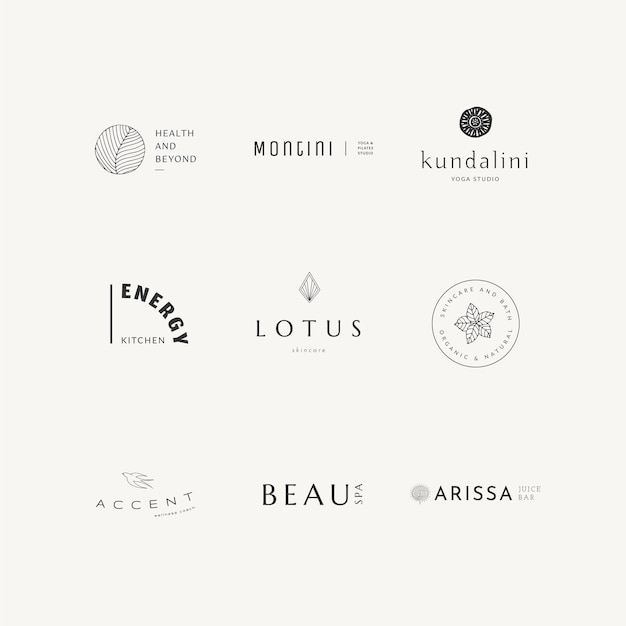 Vector clean elegant wellness logos with hand drawn line art icons