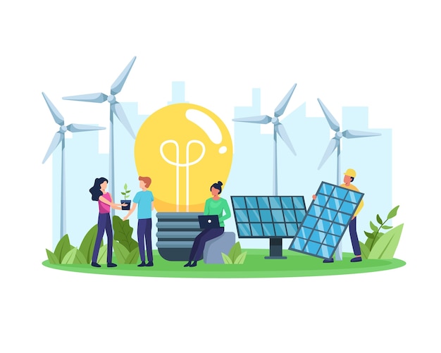 clean energy concept. renewable energy for better future. people with environmentally friendly energy, solar panel and wind turbine.  in a flat style