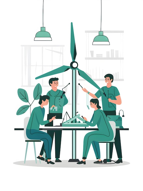 Clean Energy Engineers Working on a Wind Turbine Model in a Workshop Vector Illustration