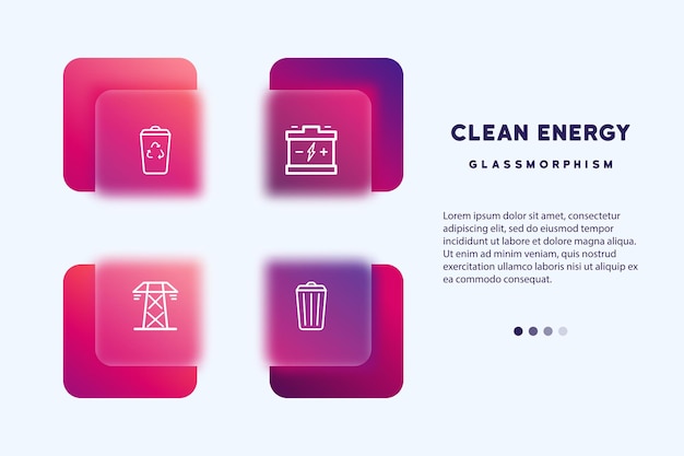クリーンエネルギーアイコンセットごみのバッテリーをリサイクルするglassmorphismスタイルビジネスと広告のためのベクトル線アイコン